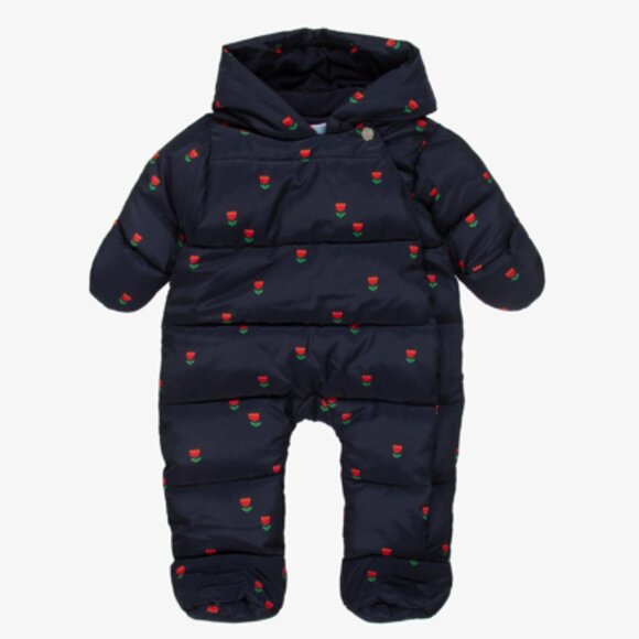 Jacadi Baby pilot snowsuit Puffer Onesie- Navy & red tulips- NWOT - 3M - Picture 1 of 5